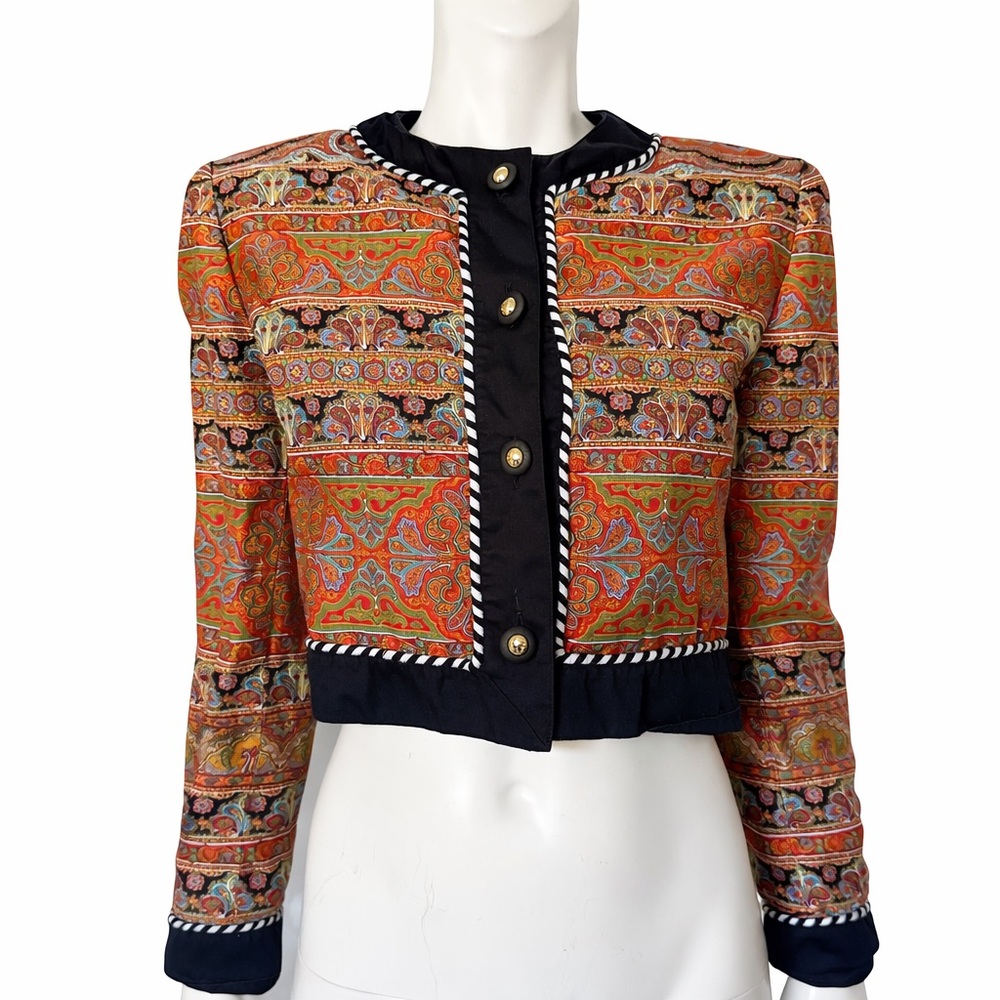 Carlisle 1980s Metallic Brocade Jacket with Black Trim and Gold Statement Button